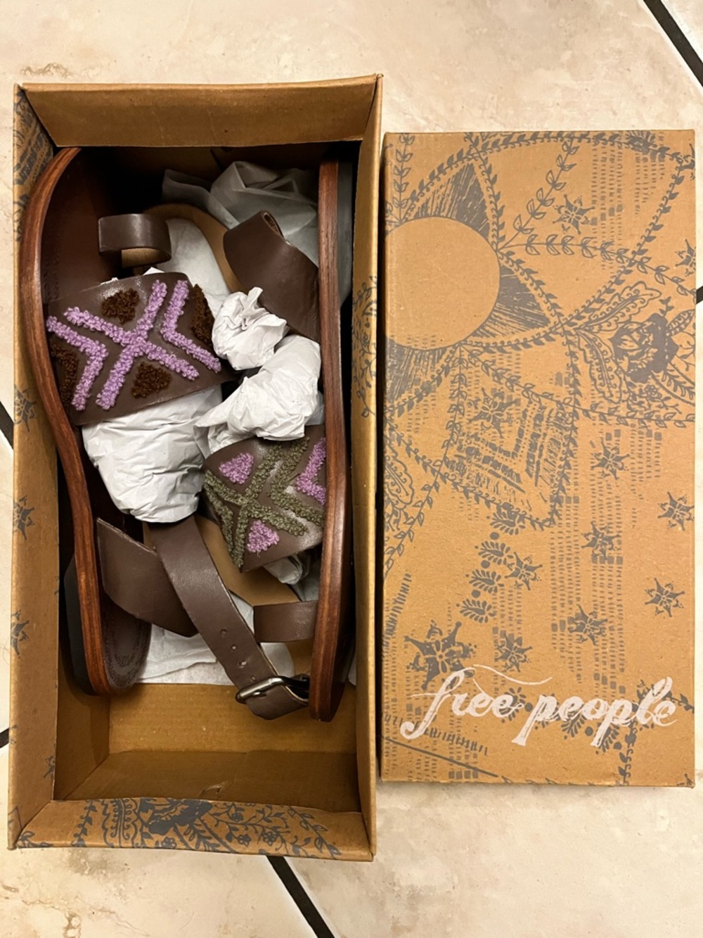 Free People Torrence Flay Sandal with Lavender and Sage embroidered strap. - Picture 6 of 7